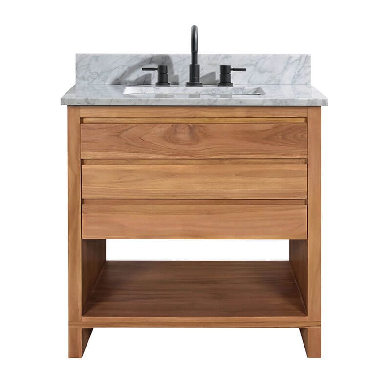 Avanity Kai 30 Single Sink Teak Bathroom Vanity Natural Teak in Carrara White Marble