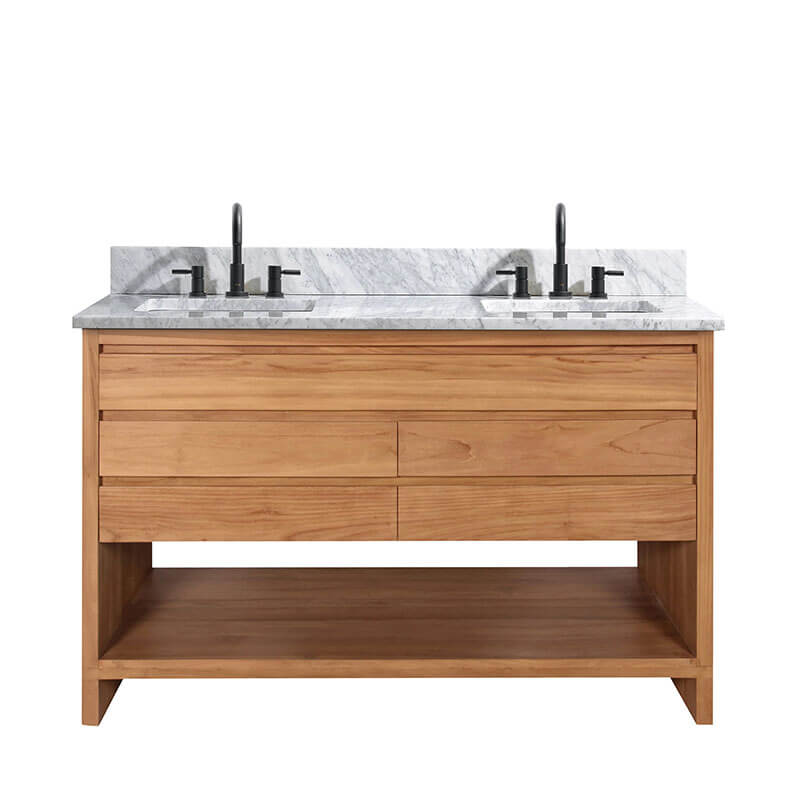 Avanity Kai 48 Double Sink Teak Bathroom Vanity Natural Teak in Carrara White Marble Front View