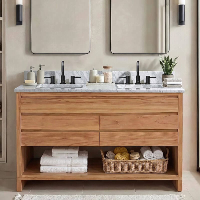 Avanity Kai 48 inch Double Sink Teak Bathroom Vanity Natural in Carrara White Marble Front View