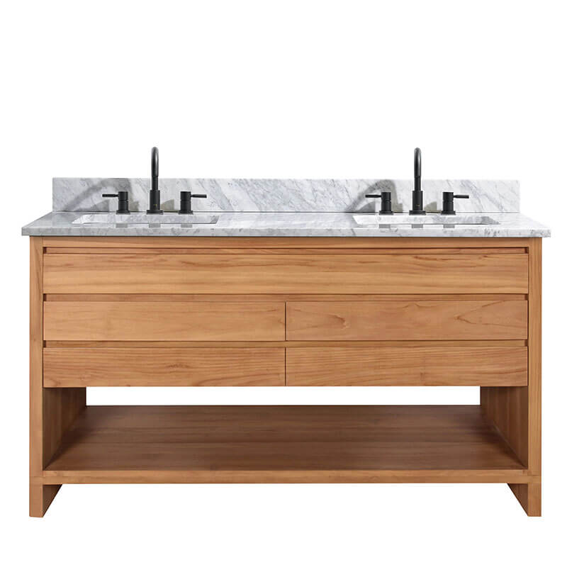 Avanity Kai 60 inch Double Sink Teak Bathroom Vanity Natural Teak in Carrara White Marble