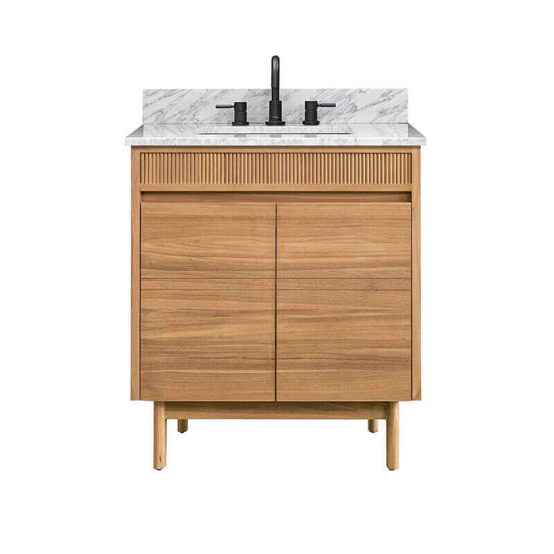 Avanity Kayla 30 Single Vanity Natural Teak in Carrara White Marble Front View