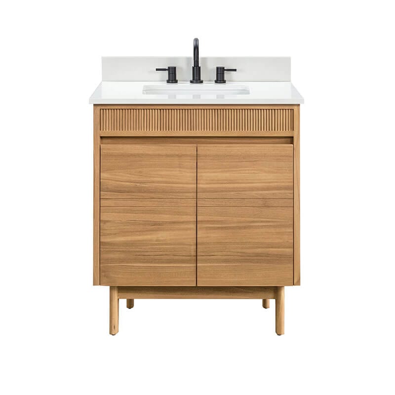 Avanity Kayla 30 Single Vanity Natural Teak in Cala White Engineered Stone Front View