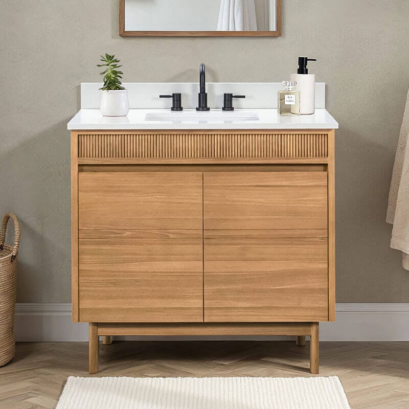 Avanity Kayla 36 inch Single Vanity Natural Teak in Cala White Engineered Stone Front View