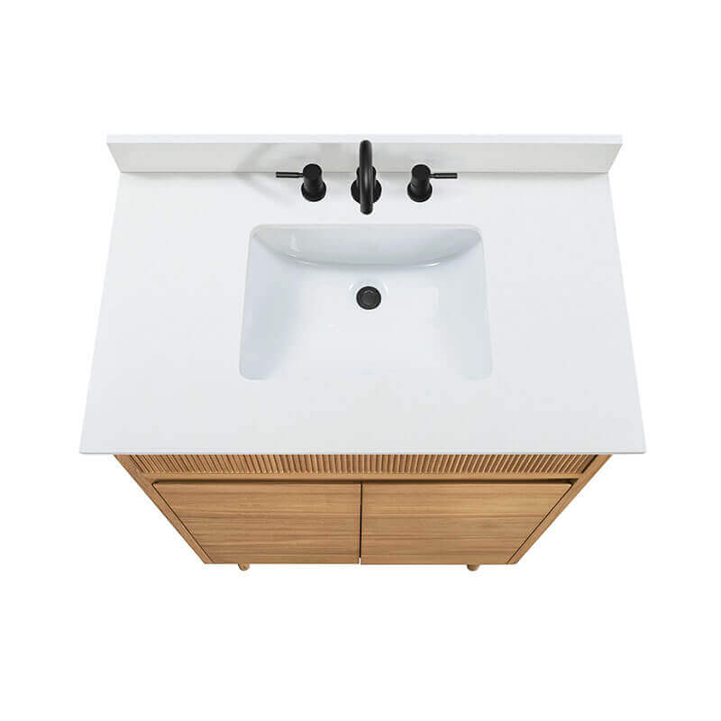 Avanity Kayla 36 Single Vanity Natural Teak in Cala White Engineered Stone