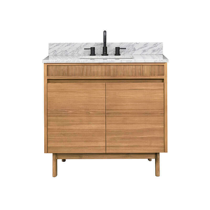 Avanity Kayla 36 Single Vanity Natural Teak in Carrara White Marble Front View