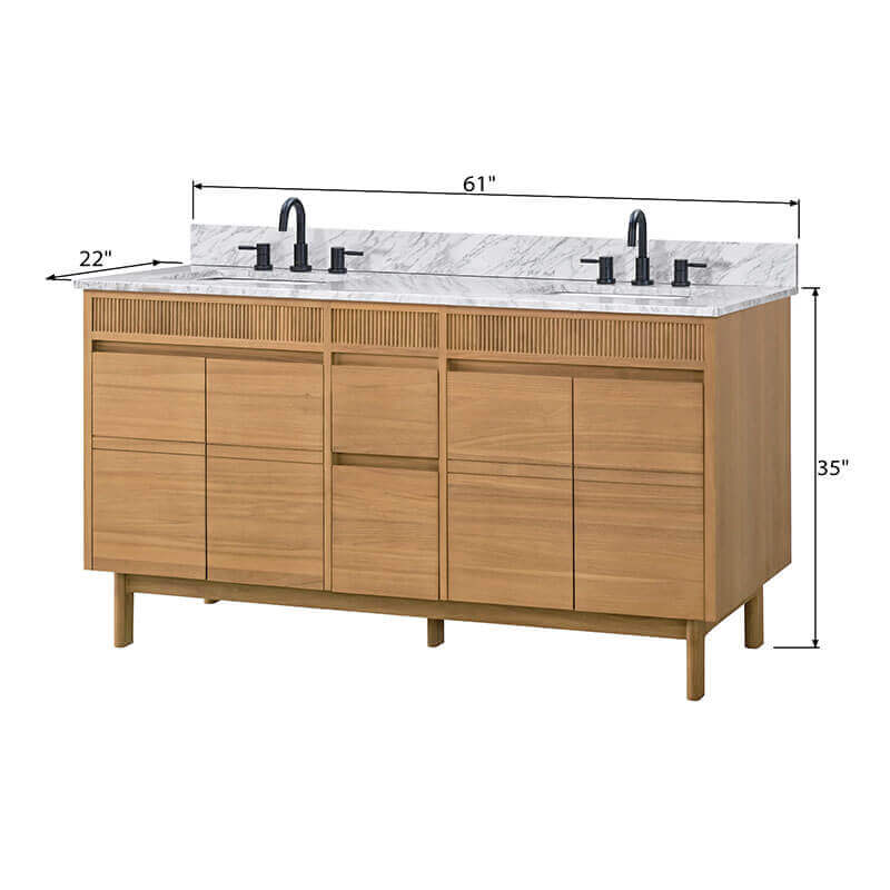 Avanity Kayla 60 inch Double Vanity Natural Teakin in Carrara White Marble