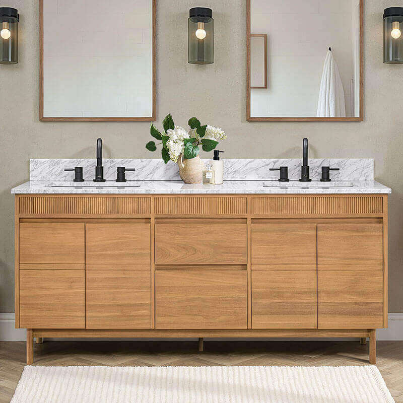 Avanity Kayla 72 Double Vanity Natural Teak Carrara White Marble Front View