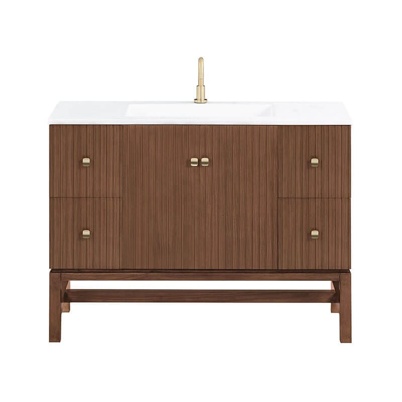 Avanity Kenzo 47 Single Sink Bathroom Vanity with Dual Mount Option Walnut in White Solid Surface Front View