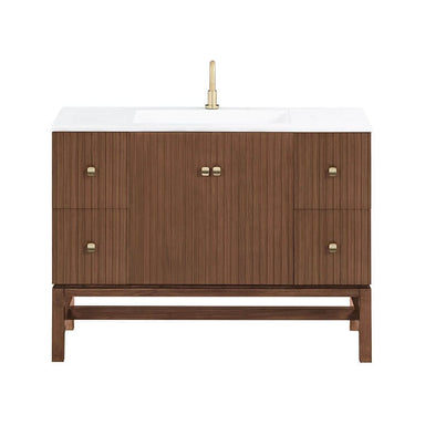 Avanity Kenzo 47 Single Sink Bathroom Vanity with Dual Mount Option Walnut in White Solid Surface Front View