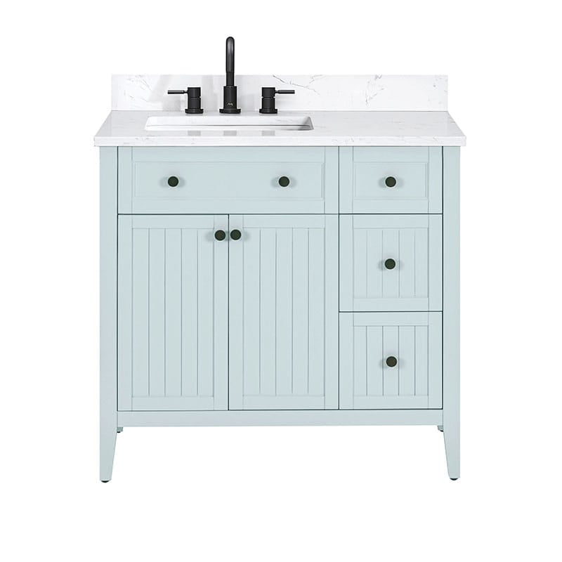 Avanity Layla 36 Left-Offset Single Sink Bathroom Vanity Ice Blue in Cala White Engineered Stone Front View