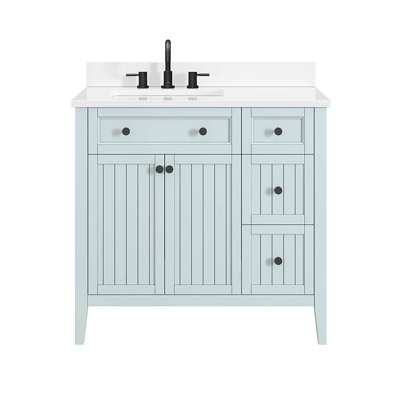 Avanity Layla 36 Left-Offset Single Sink Bathroom Vanity Ice Blue in White Engineered Stone Front View