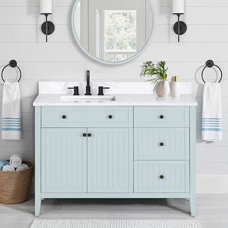 Avanity Layla 48 Left-Offset Single Sink Bathroom Vanity Ice Blue in Cala White Engineered Stone Front View