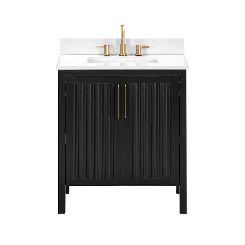 Avanity Luka 30 nch Single Vanity Black Oak in Cala White Engineered Stone Front View
