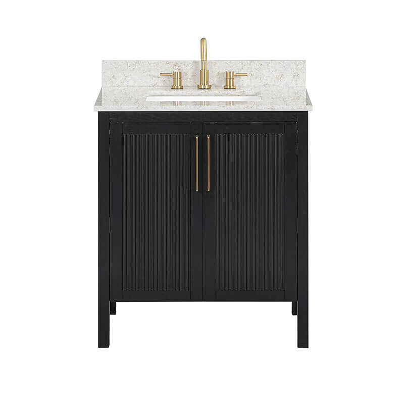 Avanity Luka 30 Single Vanity Black Oak in Alluring Quartz Front View