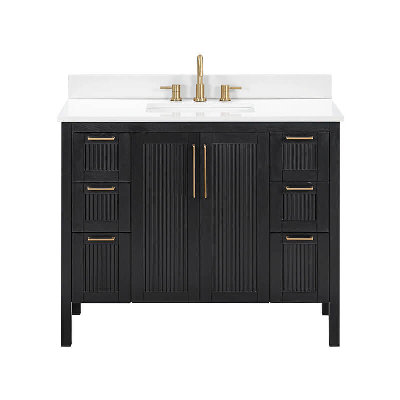 Avanity Luka 42 Single Vanity Black Oak in Cala White Engineered Stone Front View