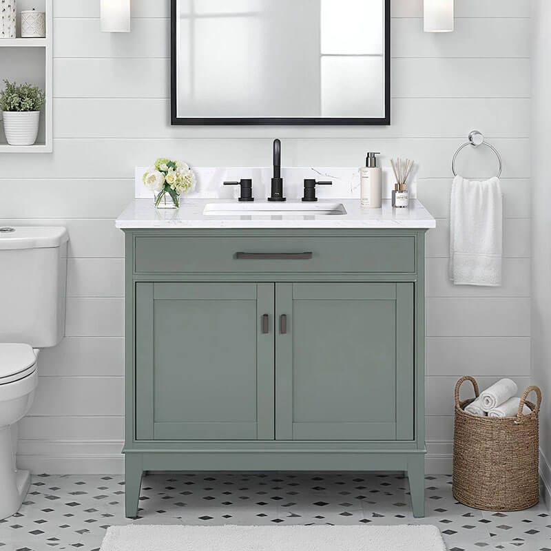 Avanity Madison 36 inch Single Vanity Smoke Green in Cala White Engineered Stone Front View