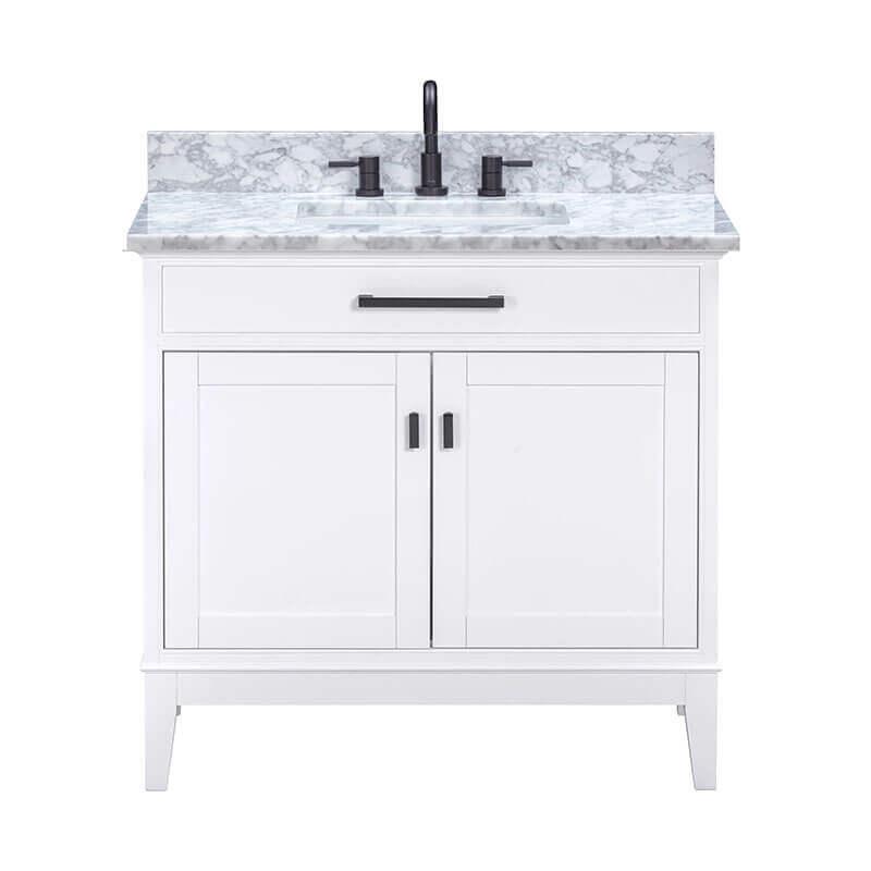 Avanity Madison 36 Single Vanity White in Carrara White Marble Front View