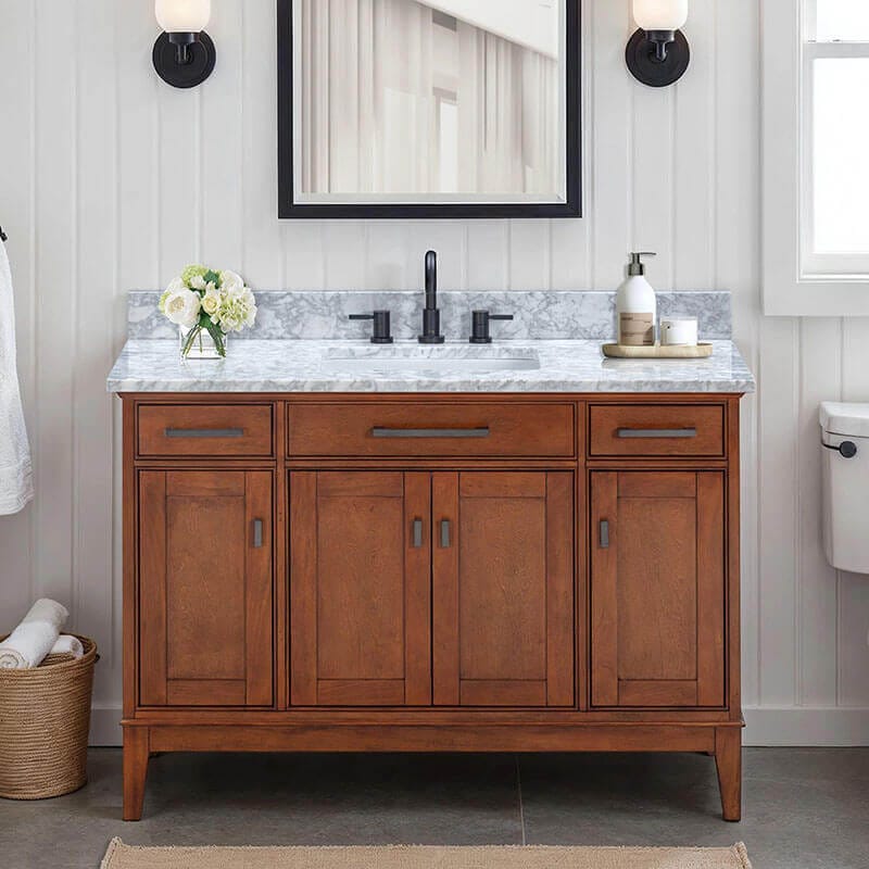 Avanity Madison 48 Inch Single Vanity Tobacco in Carrara White Marble Front View