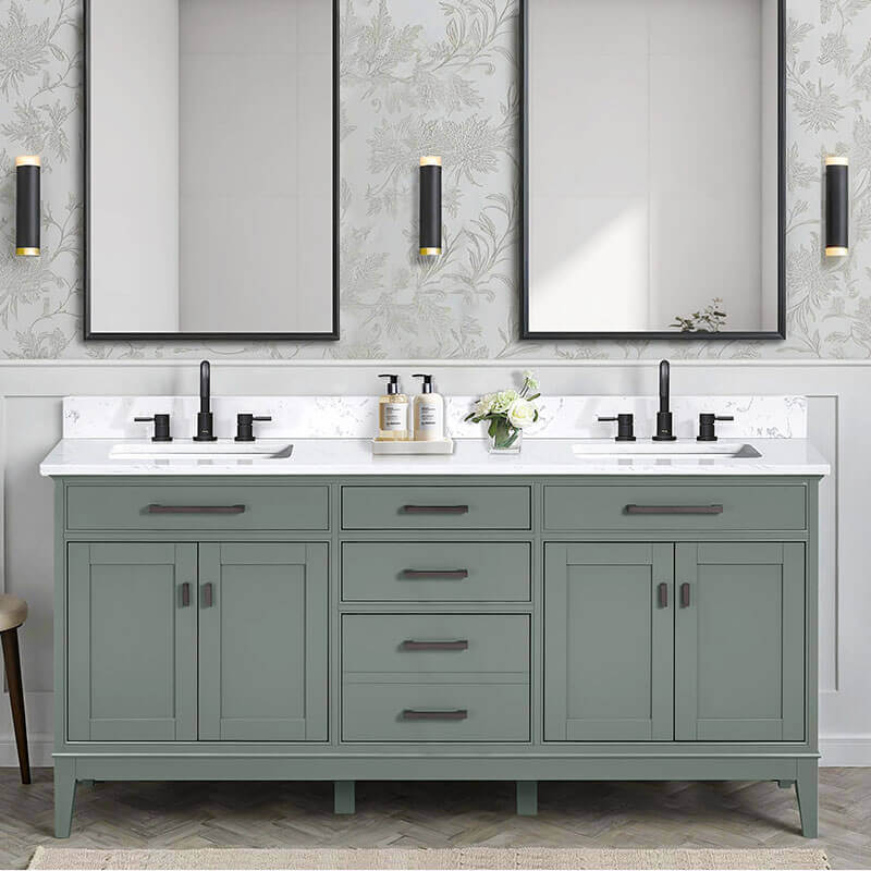 Avanity Madison 72 inch Double Vanity Smoke Green in Cala White Engineered Stone Front View
