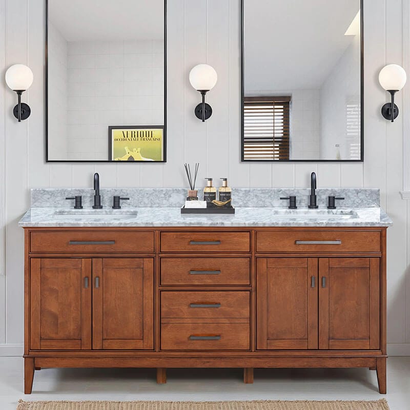Avanity Madison 72 inch Double Vanity Tobacco in Carrara White Marble Front View