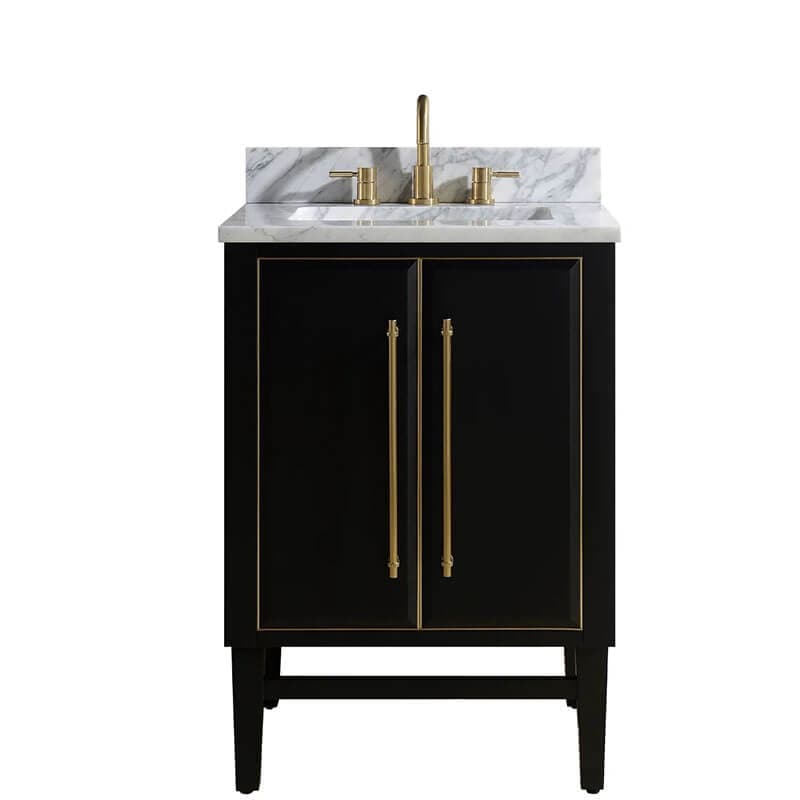 Avanity Mason 24 Single Sink Bathroom Vanity Black with Gold Trim in Carrara White Marble Front View