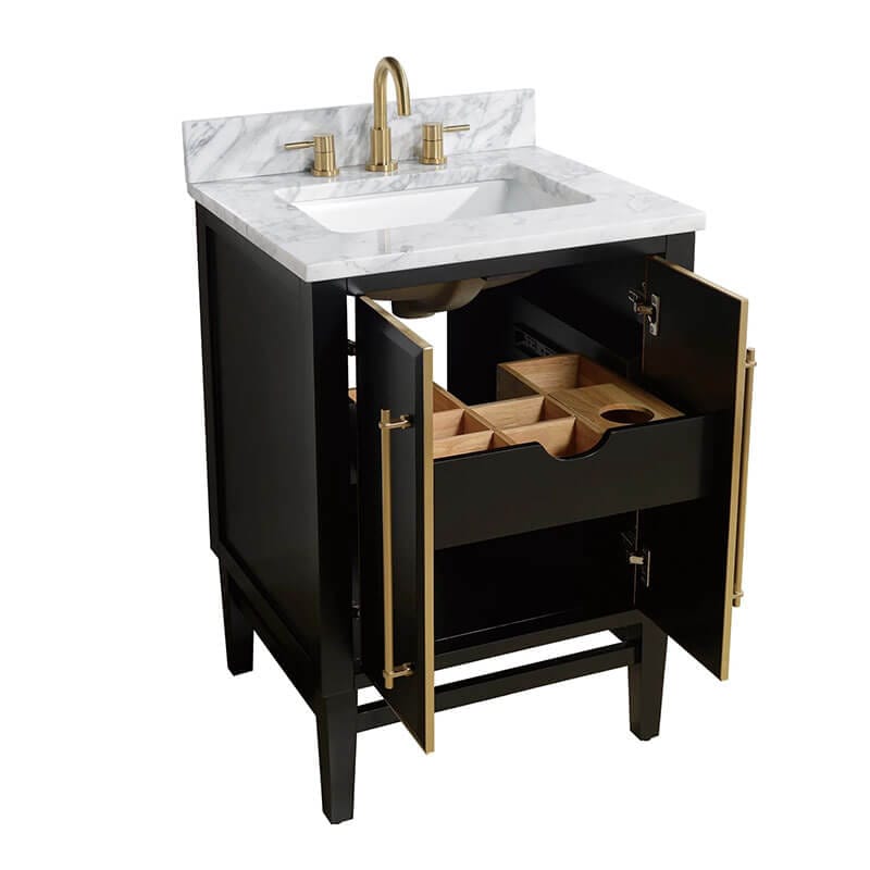 Avanity Mason 24 Single Sink Bathroom Vanity Black with Gold Trim in Carrara White Marble Open