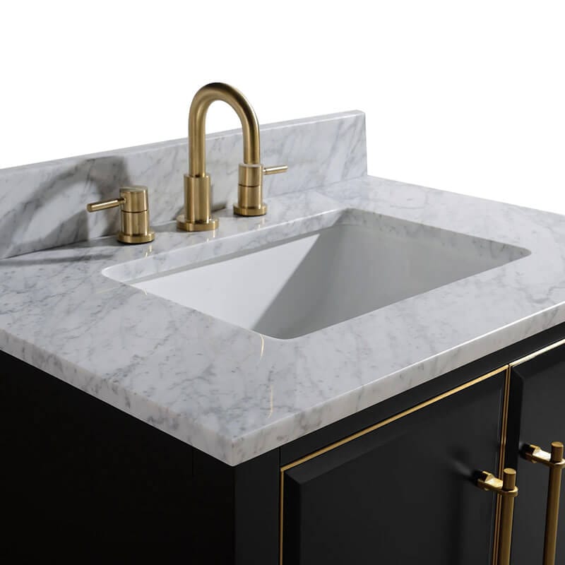 Avanity Mason 30 inch Single Sink Bathroom Vanity Black with Gold Trim in Carrara White Marble