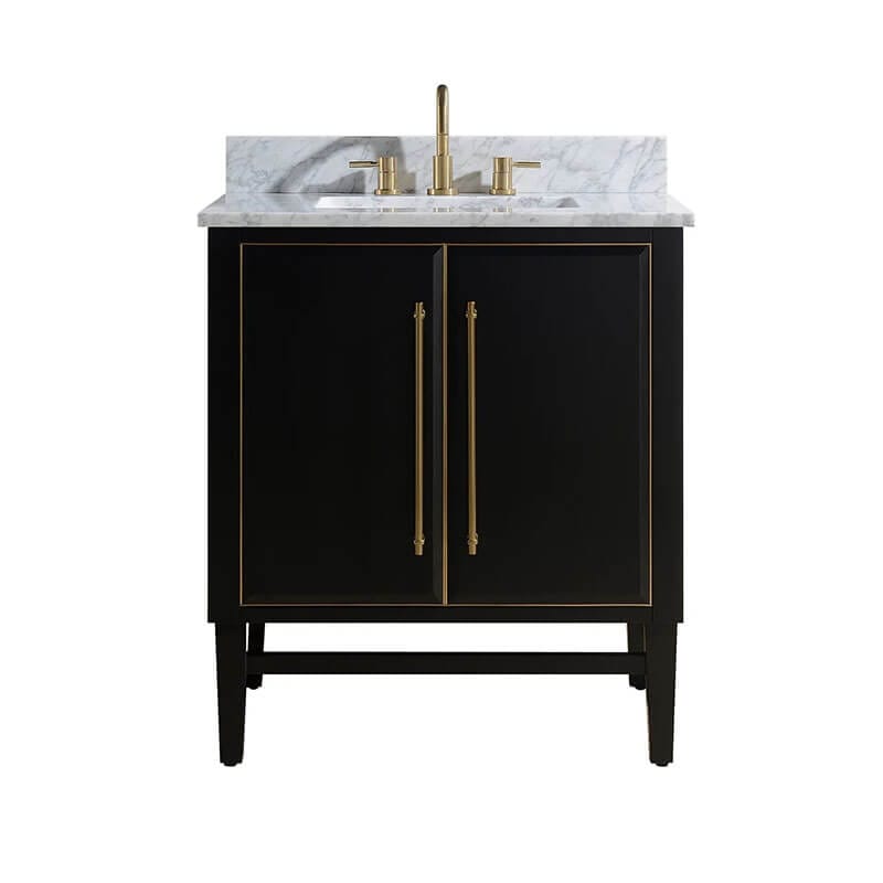 Avanity Mason 30 Single Sink Bathroom Vanity Black with Gold Trim in Carrara White Marble Front View