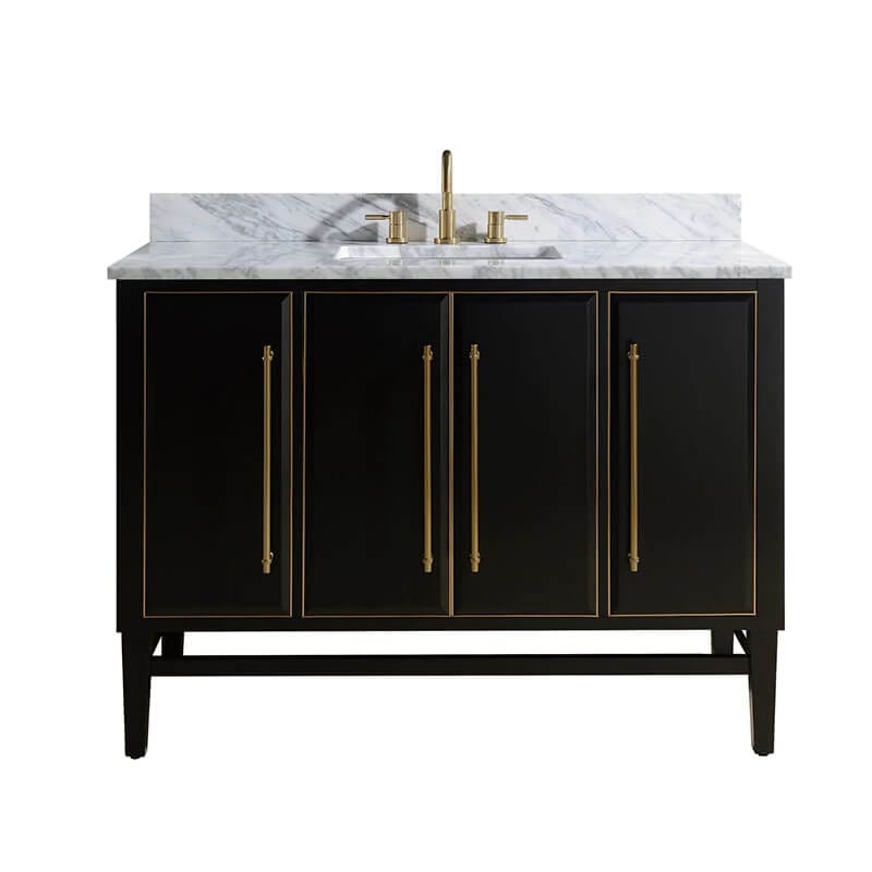 Avanity Mason 48 Single Sink Bathroom Vanity Black with Gold Trim in Carrara White Marble Front View