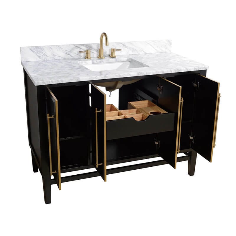 Avanity Mason 48 Single Sink Bathroom Vanity Black with Gold Trim in Carrara White Marble Open
