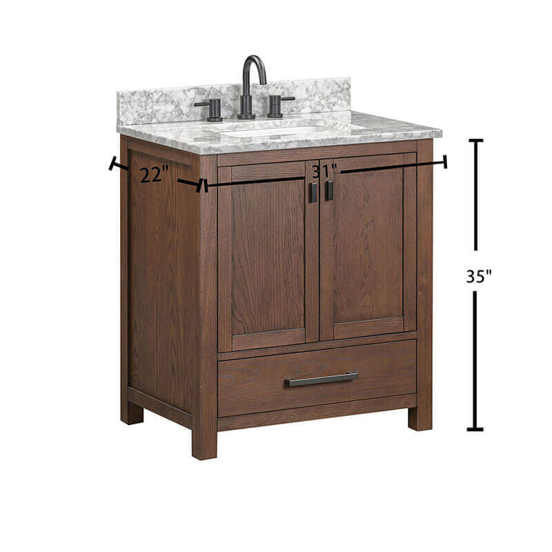 Avanity Modero 30 Inch Single Vanity Mocha Oak in Carrara White Marble Dimension