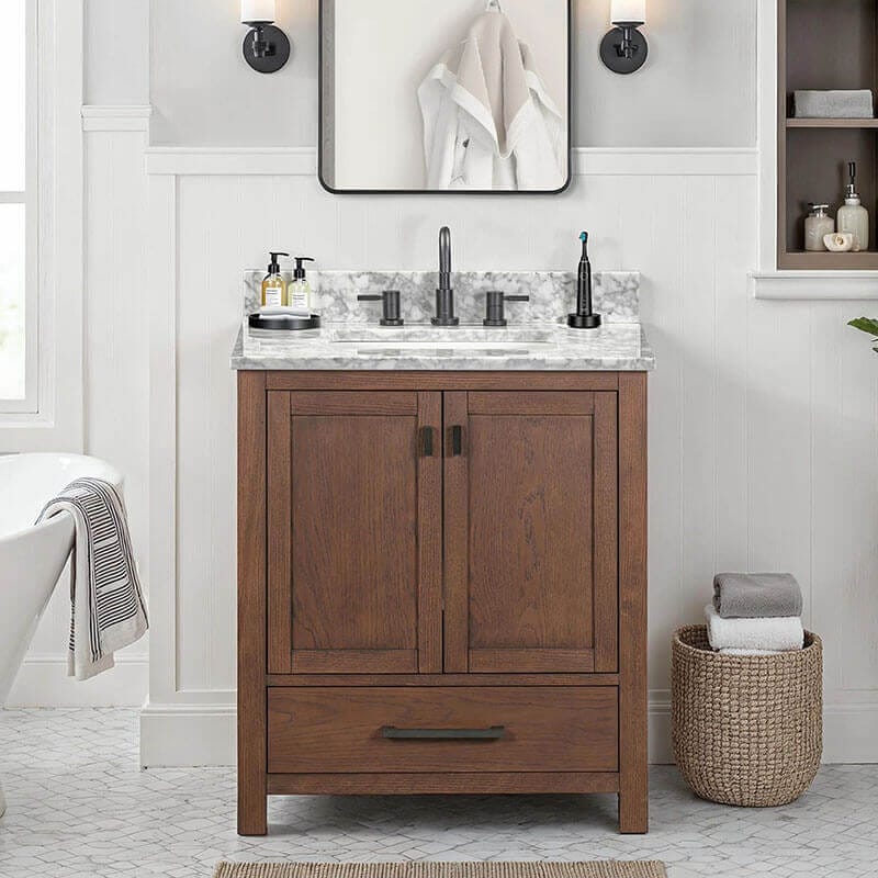 Avanity Modero 30 Inch Single Vanity Mocha Oak in Carrara White Marble Front View