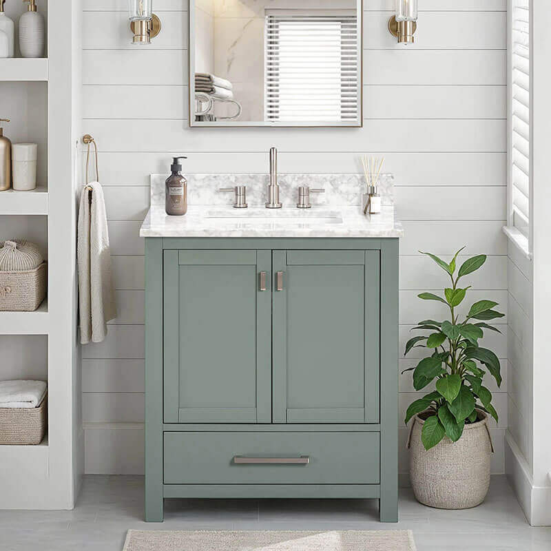 Avanity Modero 30 Inch Single Vanity Smoke Green in Carrara White Marble Front View