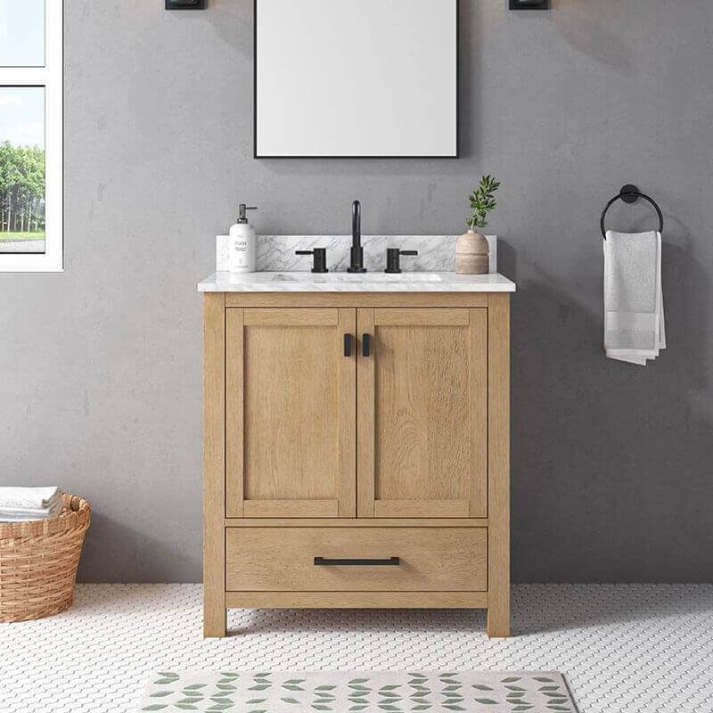 Avanity Modero 30 Single Vanity Brushed Oak in Carrara White Marble Front View