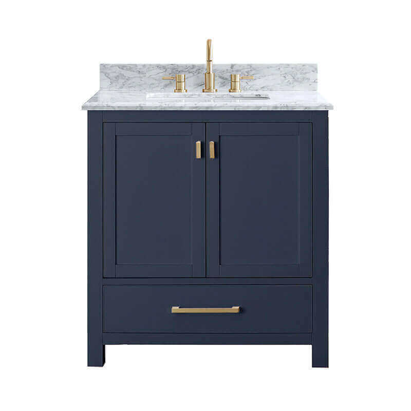 Avanity Modero 30 Single Vanity Navy Blue in Carrara White Marble Front View