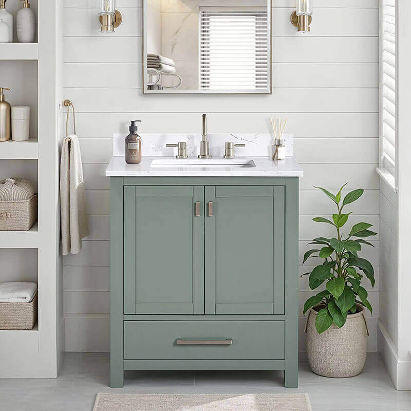 Avanity Modero 30 Single Vanity Smoke Green in Cala White Engineered Stone Front View