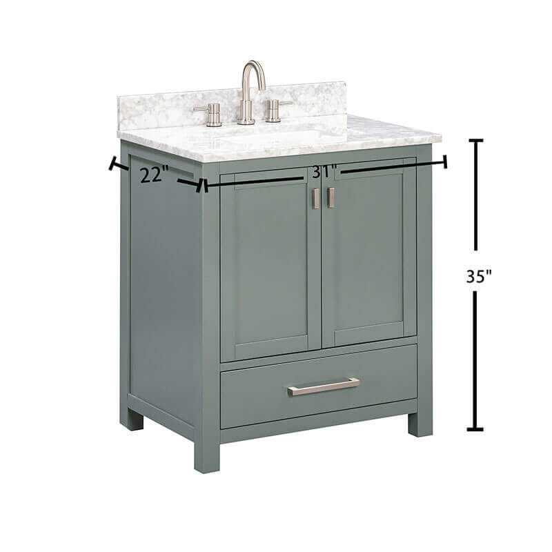 Avanity Modero 30 Single Vanity Smoke Green in Carrara White Marble Dimension