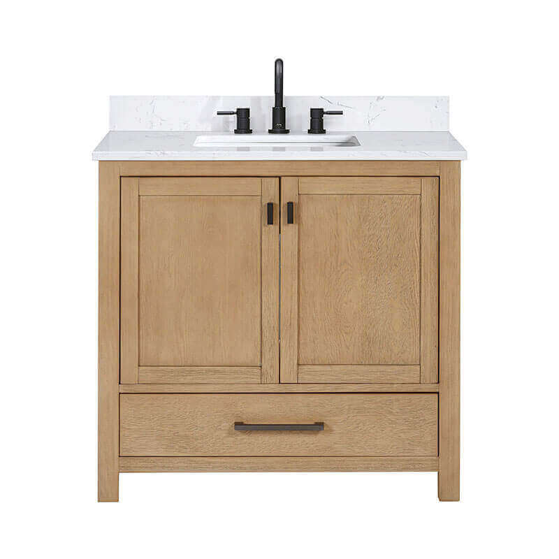Avanity Modero 36 inch Single Vanity Brushed Oak in Cala White Engineered Stone Front View