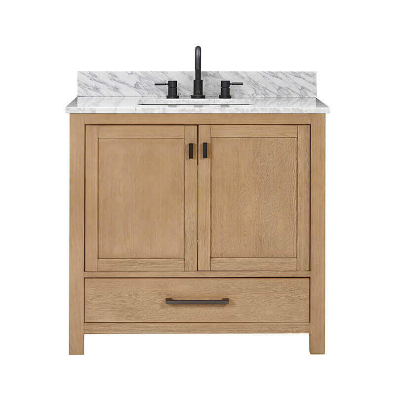 Avanity Modero 36 inch Single Vanity Brushed Oak in Carrara White Marble Front View