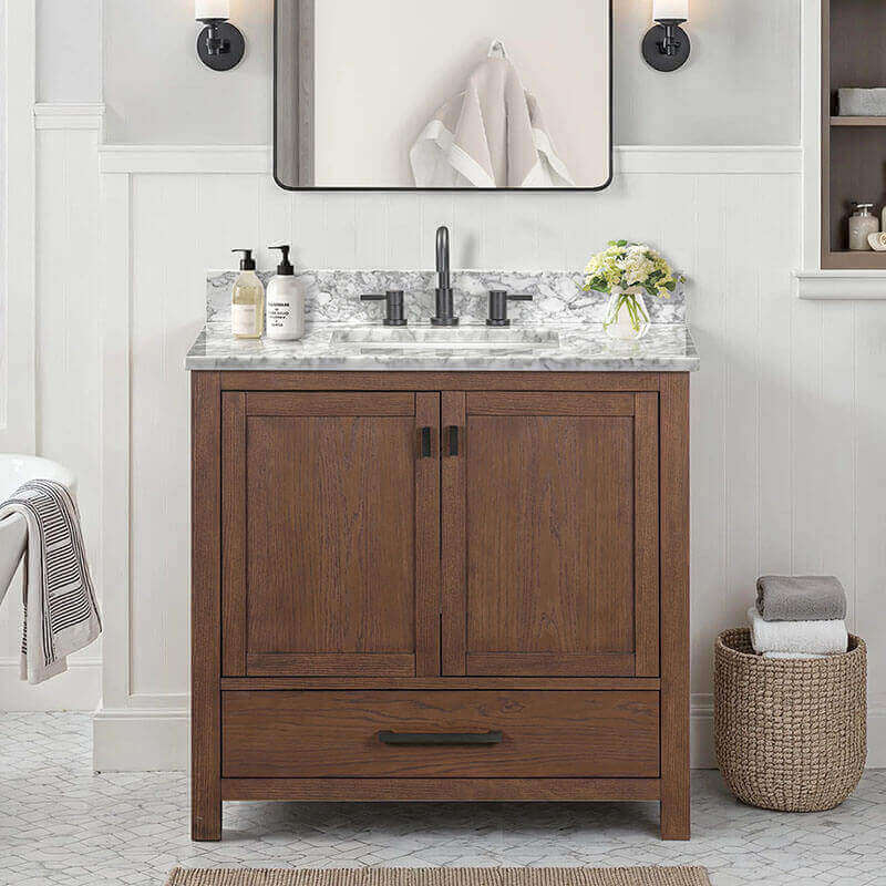 Avanity Modero 36 Inch Single Vanity Mocha Oak in Carrara White Marble Front View