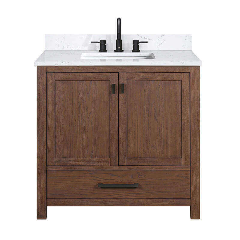 Avanity Modero 36 Single Vanity Mocha Oak in Cala White Engineered Stone Front View