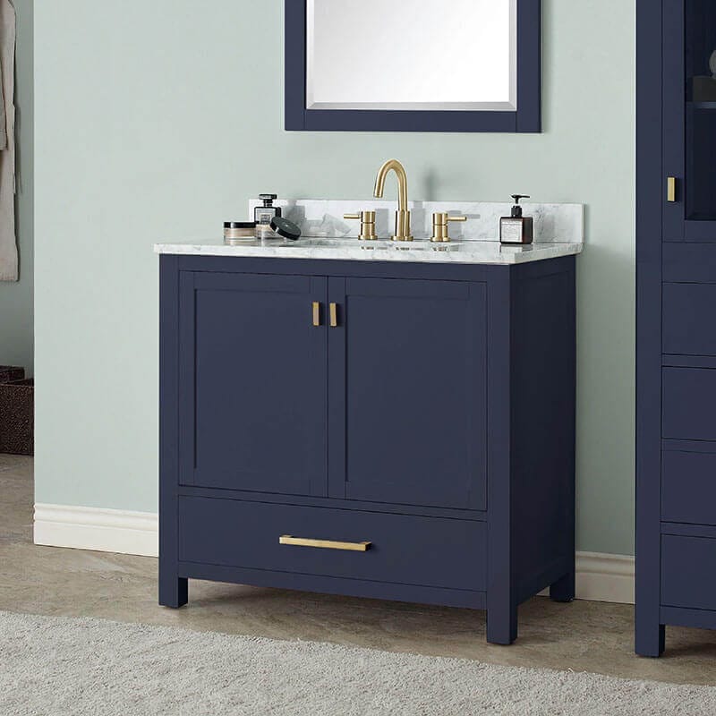 Avanity Modero 36 Single Vanity Navy Blue in Carrara White Marble Corner View