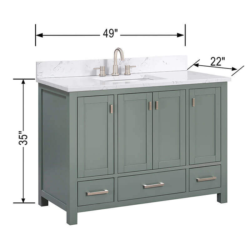 Avanity Modero 48 inch Single Vanity Smoke Green in Cala White Engineered Stone Dimension
