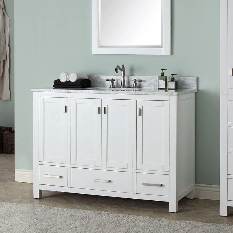 Avanity Modero 48 inch Single Vanity White in Carrara White Marble Corner View