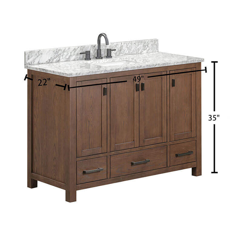 Avanity Modero 48 Single Vanity Mocha Oak in Carrara White Marble Dimension