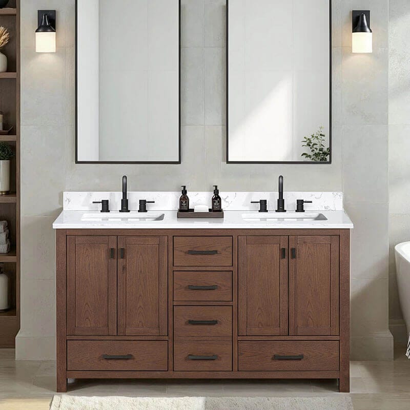 Avanity Modero 60 Double Vanity Mocha Oak in Cala White Engineered Stone Front View