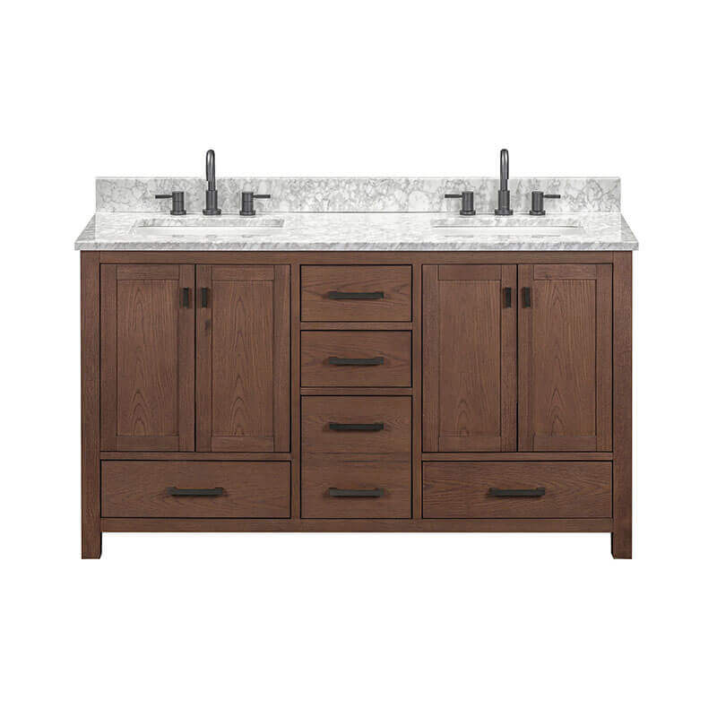 Avanity Modero 60 Double Vanity Mocha Oak in Carrara White Marble