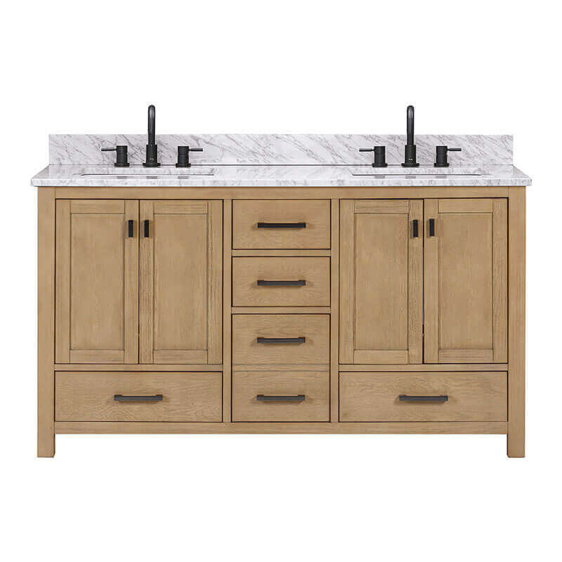 Avanity Modero 60 inch Double Vanity Brushed Oak in Carrara White Marble Front View