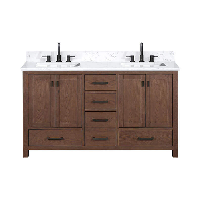 Avanity Modero 60 inch Double Vanity Mocha Oak in Cala White Engineered Stone Front View
