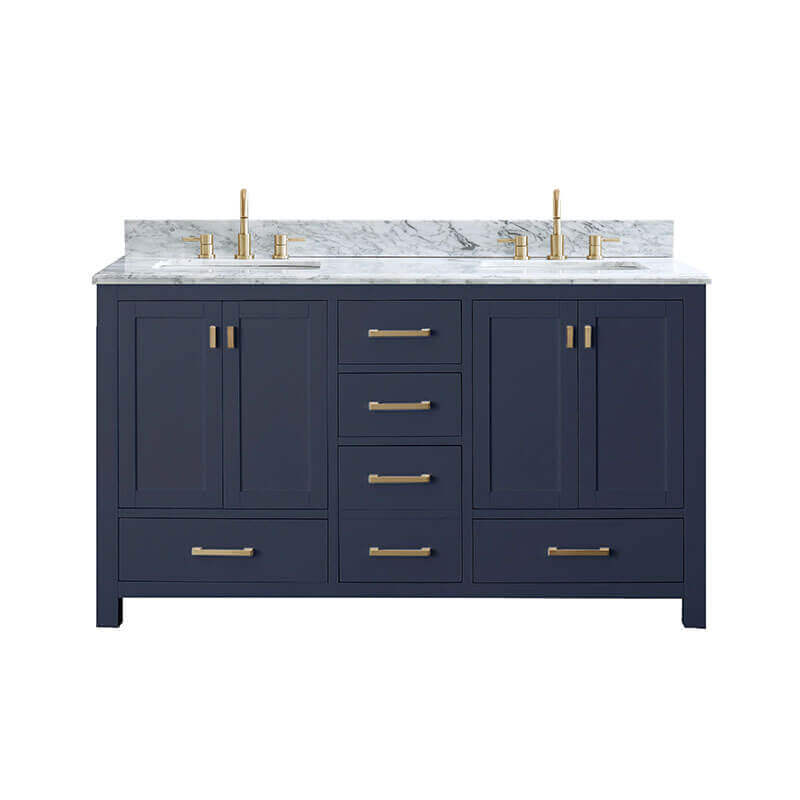 Avanity Modero 60 inch Double Vanity Navy Blue in Carrara White Marble